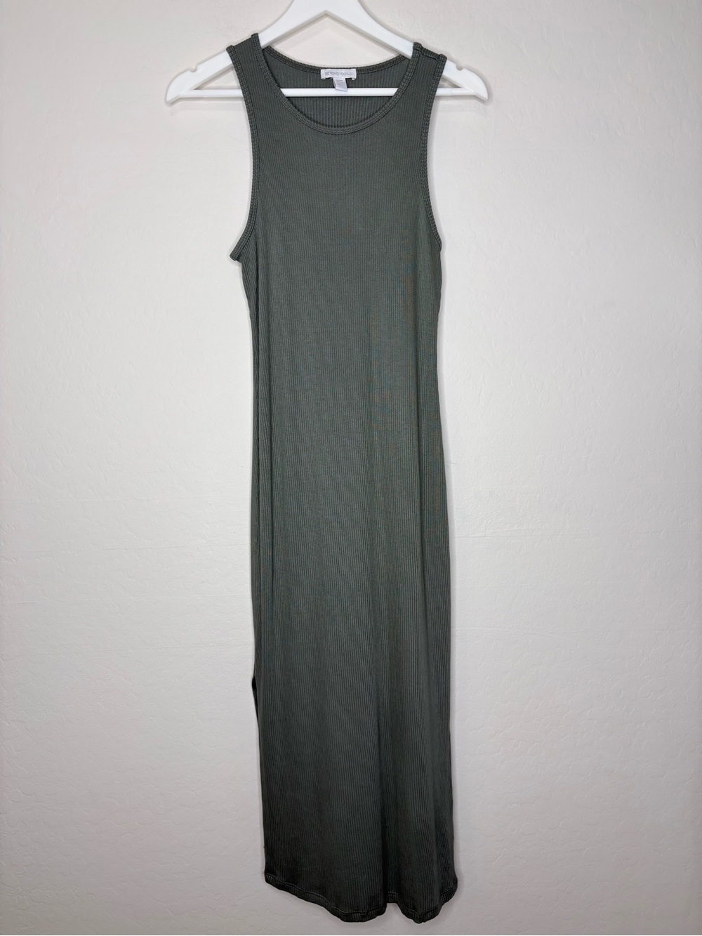 Beyond Yoga Ribbed Formation Midi Dress Olive Green Side Slit Sleeveless Medium